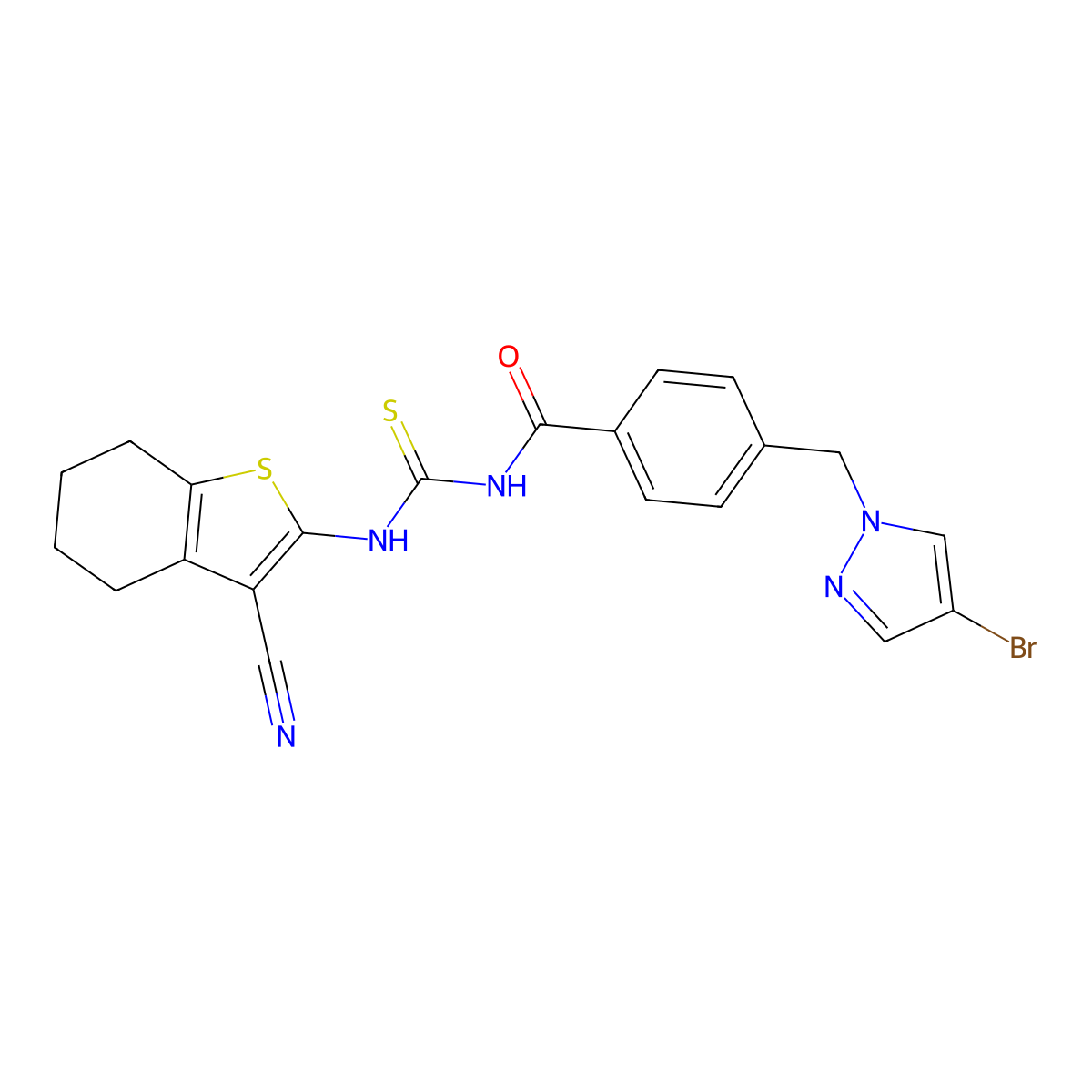 4-[(4-bromopyrazol-1-yl)methyl]-N-[(3-cyano-4,5,6,7-tetrahydro-1-benzothiophen-2-yl)carbamothioyl]benzamide molecular structure, CAS 492425-82-8