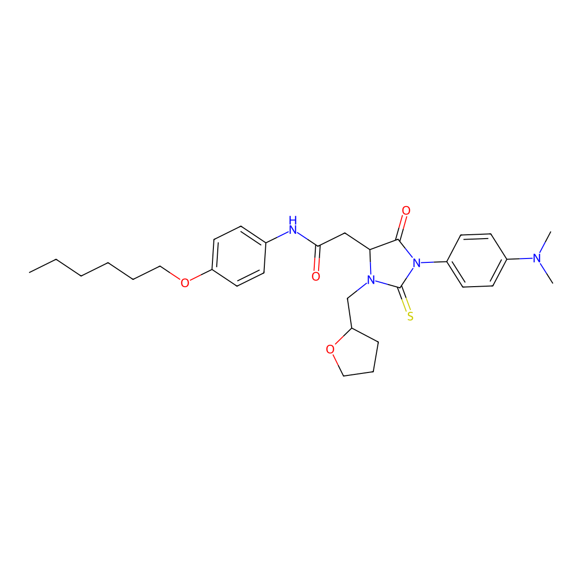 2-{1-[4-(dimethylamino)phenyl]-5-oxo-3-(tetrahydrofuran-2-ylmethyl)-2-thioxoimidazolidin-4-yl}-N-[4-(hexyloxy)phenyl]acetamide molecular structure, CAS 492425-85-1