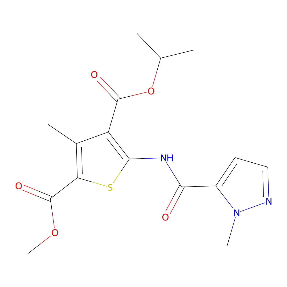 4-isopropyl 2-methyl 3-methyl-5-{[(1-methyl-1H-pyrazol-5-yl)carbonyl]amino}-2,4-thiophenedicarboxylate molecular structure, CAS 492426-53-6