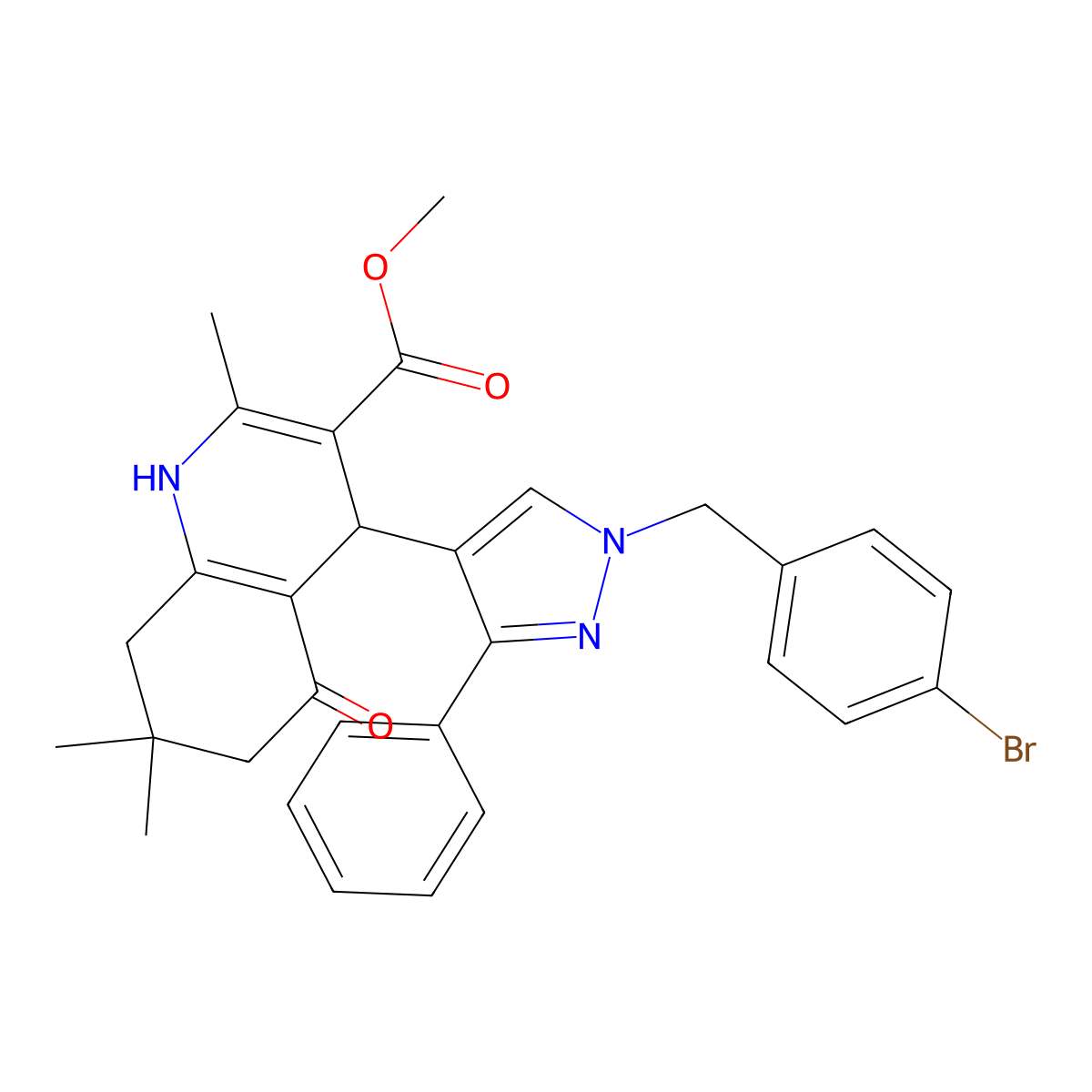 methyl 4-[1-(4-bromobenzyl)-3-phenyl-1H-pyrazol-4-yl]-2,7,7-trimethyl-5-oxo-1,4,5,6,7,8-hexahydro-3-quinolinecarboxylate molecular structure, CAS 492426-64-9