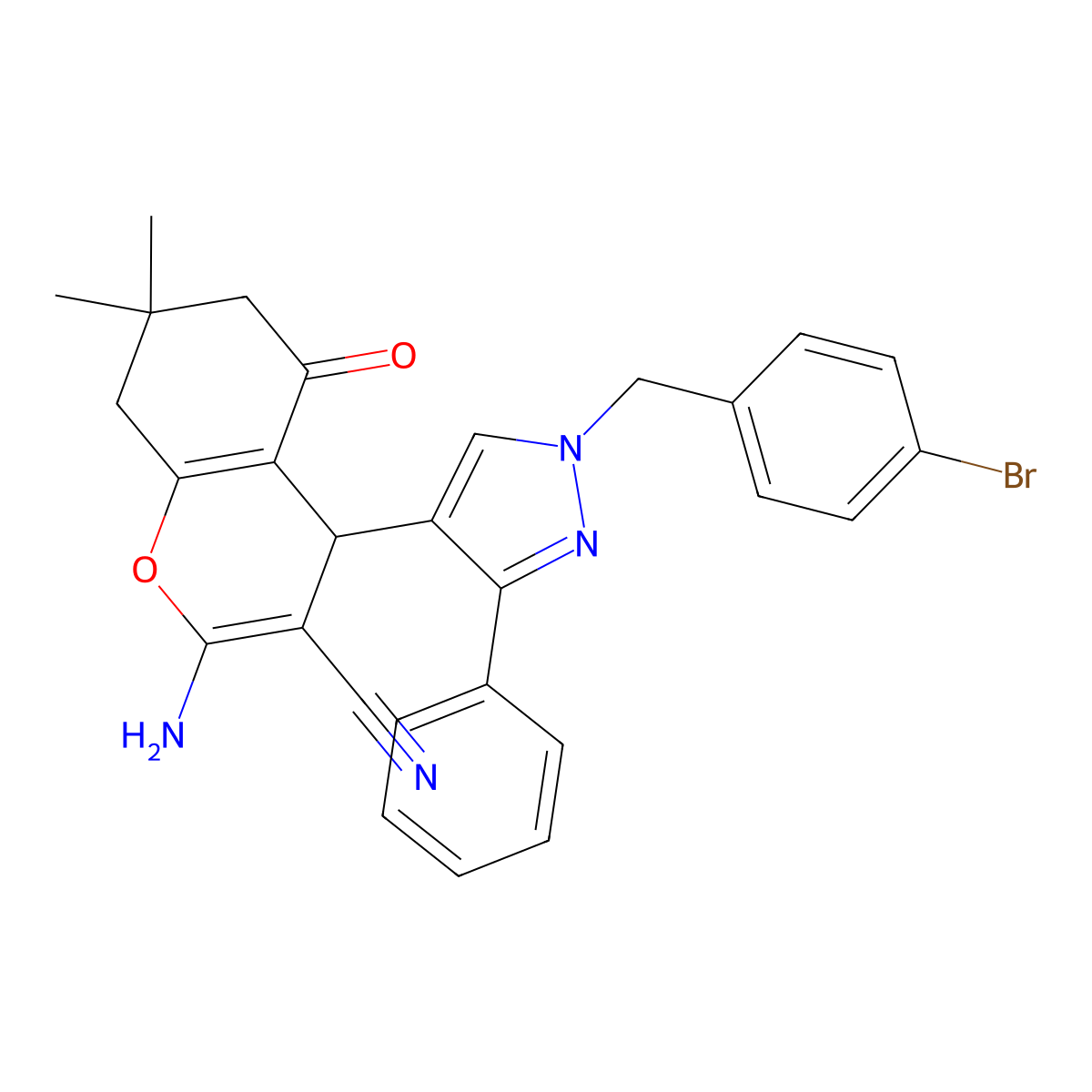 2-amino-4-[1-[(4-bromophenyl)methyl]-3-phenylpyrazol-4-yl]-7,7-dimethyl-5-oxo-6,8-dihydro-4H-chromene-3-carbonitrile molecular structure, CAS 492426-65-0