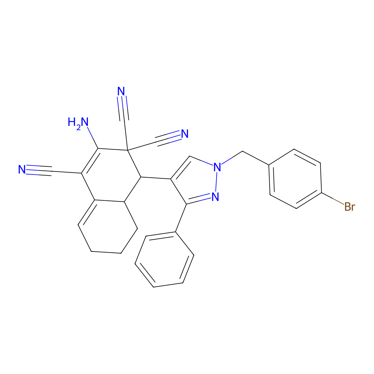 2-amino-4-[1-[(4-bromophenyl)methyl]-3-phenylpyrazol-4-yl]-4a,5,6,7-tetrahydro-4H-naphthalene-1,3,3-tricarbonitrile molecular structure, CAS 492426-74-1
