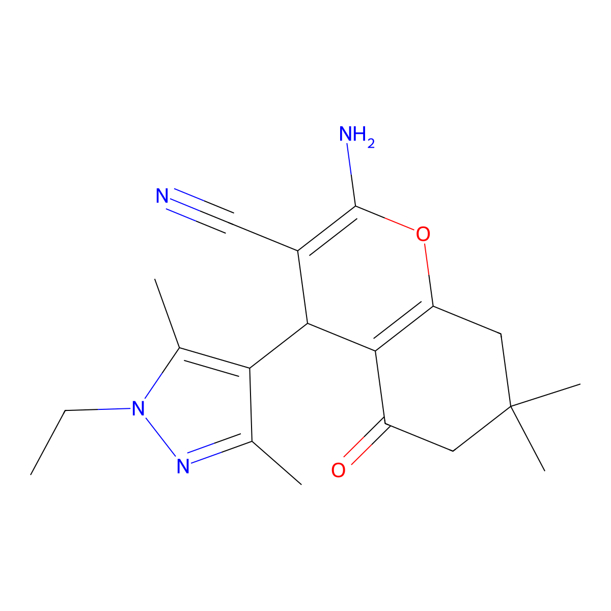 2-amino-4-(1-ethyl-3,5-dimethyl-1H-pyrazol-4-yl)-7,7-dimethyl-5-oxo-5,6,7,8-tetrahydro-4H-chromene-3-carbonitrile molecular structure, CAS 492426-89-8