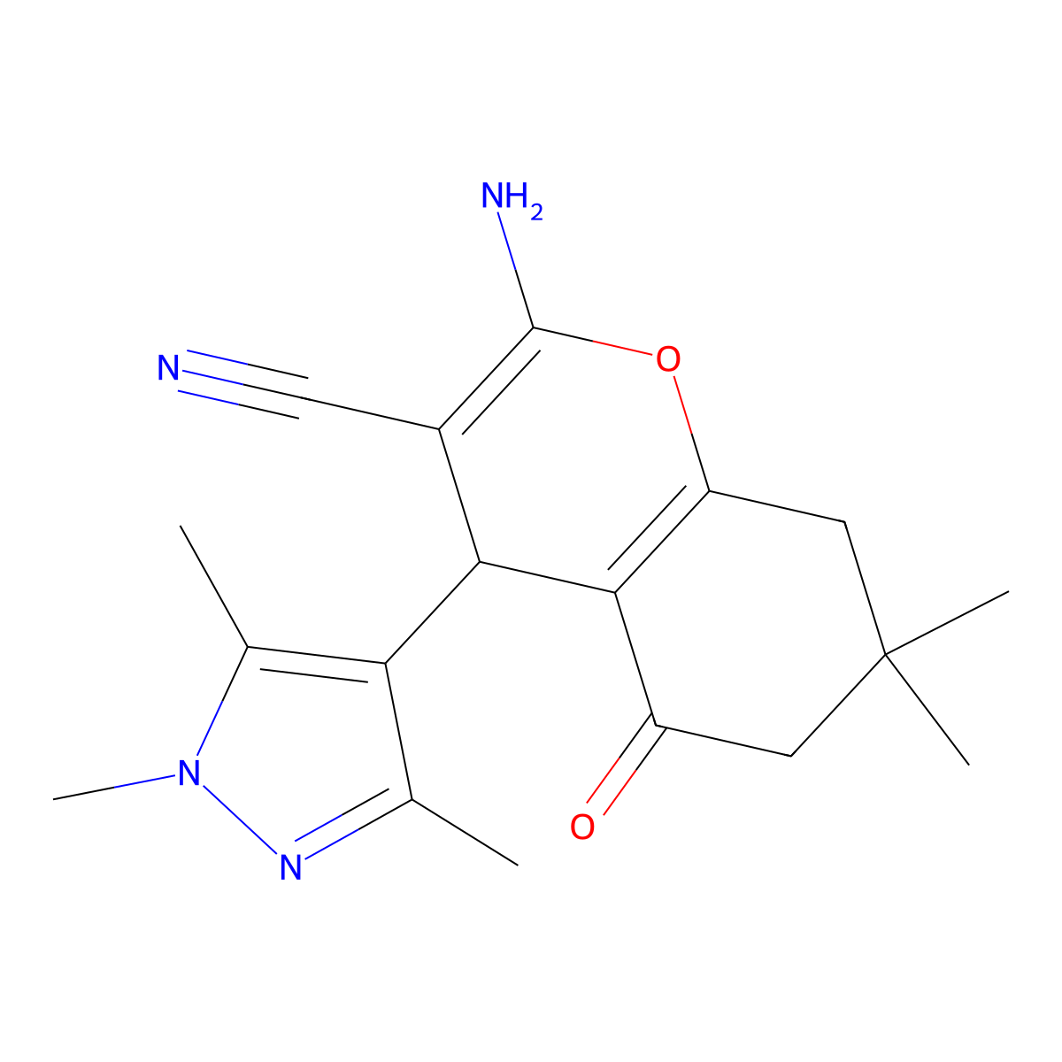 2-amino-7,7-dimethyl-5-oxo-4-(1,3,5-trimethyl-1H-pyrazol-4-yl)-5,6,7,8-tetrahydro-4H-chromene-3-carbonitrile molecular structure, CAS 492426-92-3