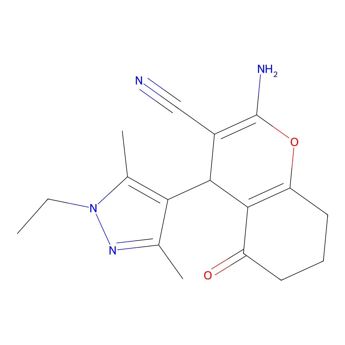 2-amino-4-(1-ethyl-3,5-dimethyl-1H-pyrazol-4-yl)-5-oxo-5,6,7,8-tetrahydro-4H-chromene-3-carbonitrile molecular structure, CAS 492426-93-4