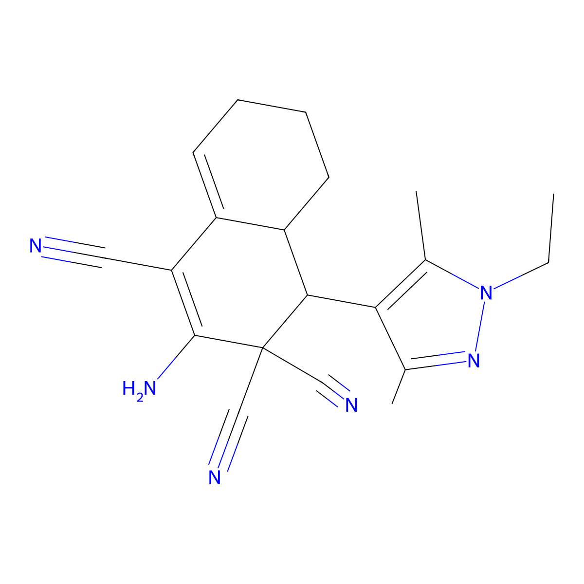 2-amino-4-(1-ethyl-3,5-dimethyl-1H-pyrazol-4-yl)-4a,5,6,7-tetrahydro-1,3,3(4H)-naphthalenetricarbonitrile molecular structure, CAS 492426-94-5