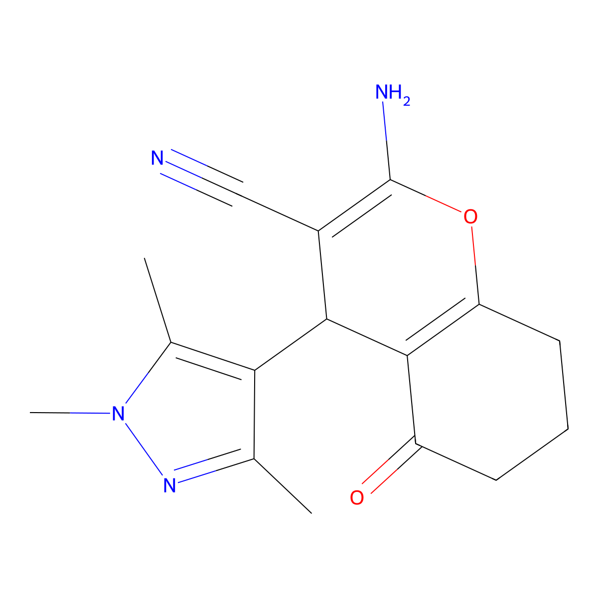 2-amino-5-oxo-4-(1,3,5-trimethyl-1H-pyrazol-4-yl)-5,6,7,8-tetrahydro-4H-chromene-3-carbonitrile molecular structure, CAS 492426-95-6