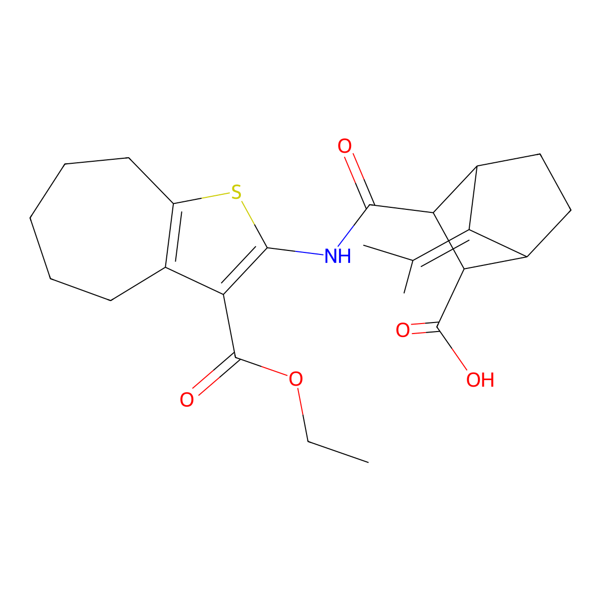 3-((3-(ethoxycarbonyl)-5,6,7,8-tetrahydro-4H-cyclohepta[b]thiophen-2-yl)carbamoyl)-7-(propan-2-ylidene)bicyclo[2.2.1]heptane-2-carboxylic acid molecular structure, CAS 492427-02-8