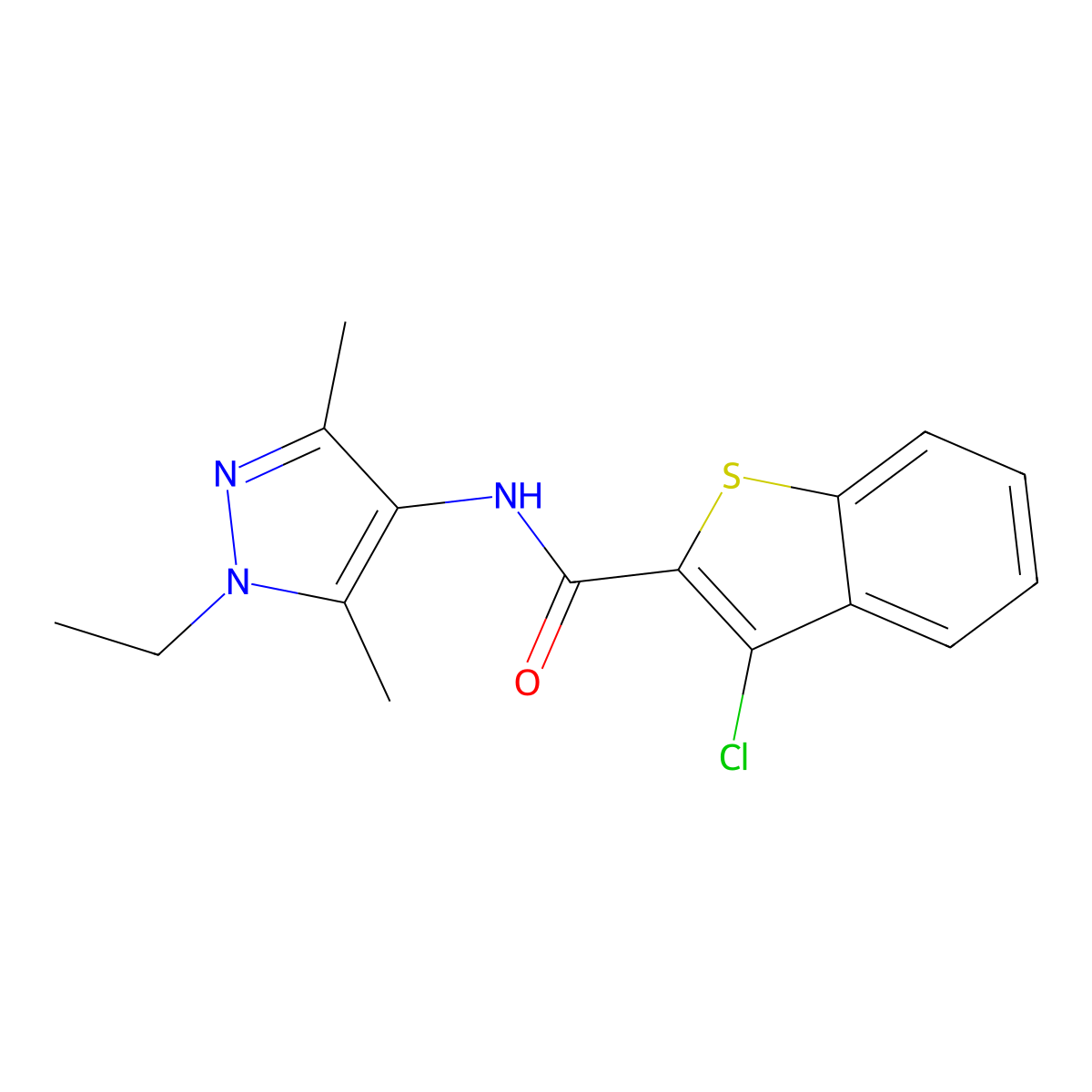 3-chloro-N-(1-ethyl-3,5-dimethylpyrazol-4-yl)-1-benzothiophene-2-carboxamide molecular structure, CAS 492427-21-1