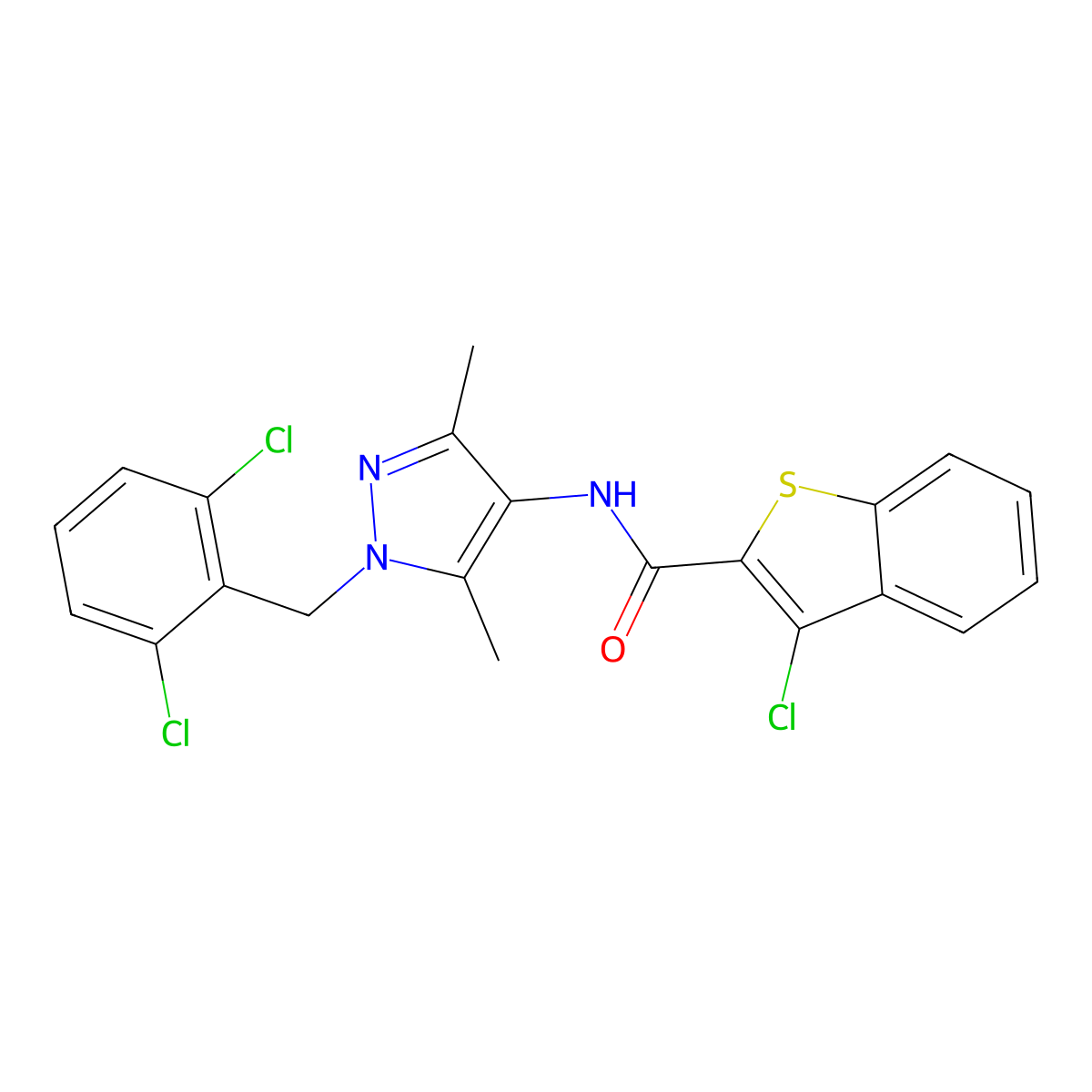 3-chloro-N-[1-(2,6-dichlorobenzyl)-3,5-dimethyl-1H-pyrazol-4-yl]-1-benzothiophene-2-carboxamide molecular structure, CAS 492427-23-3