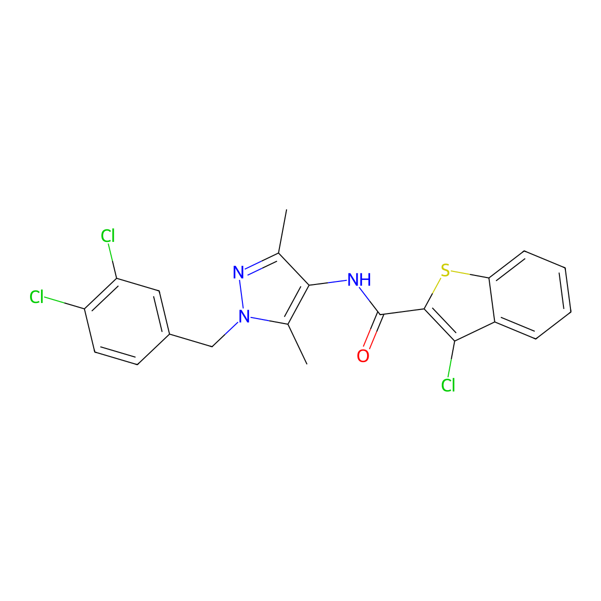 3-chloro-N-[1-(3,4-dichlorobenzyl)-3,5-dimethyl-1H-pyrazol-4-yl]-1-benzothiophene-2-carboxamide molecular structure, CAS 492427-26-6