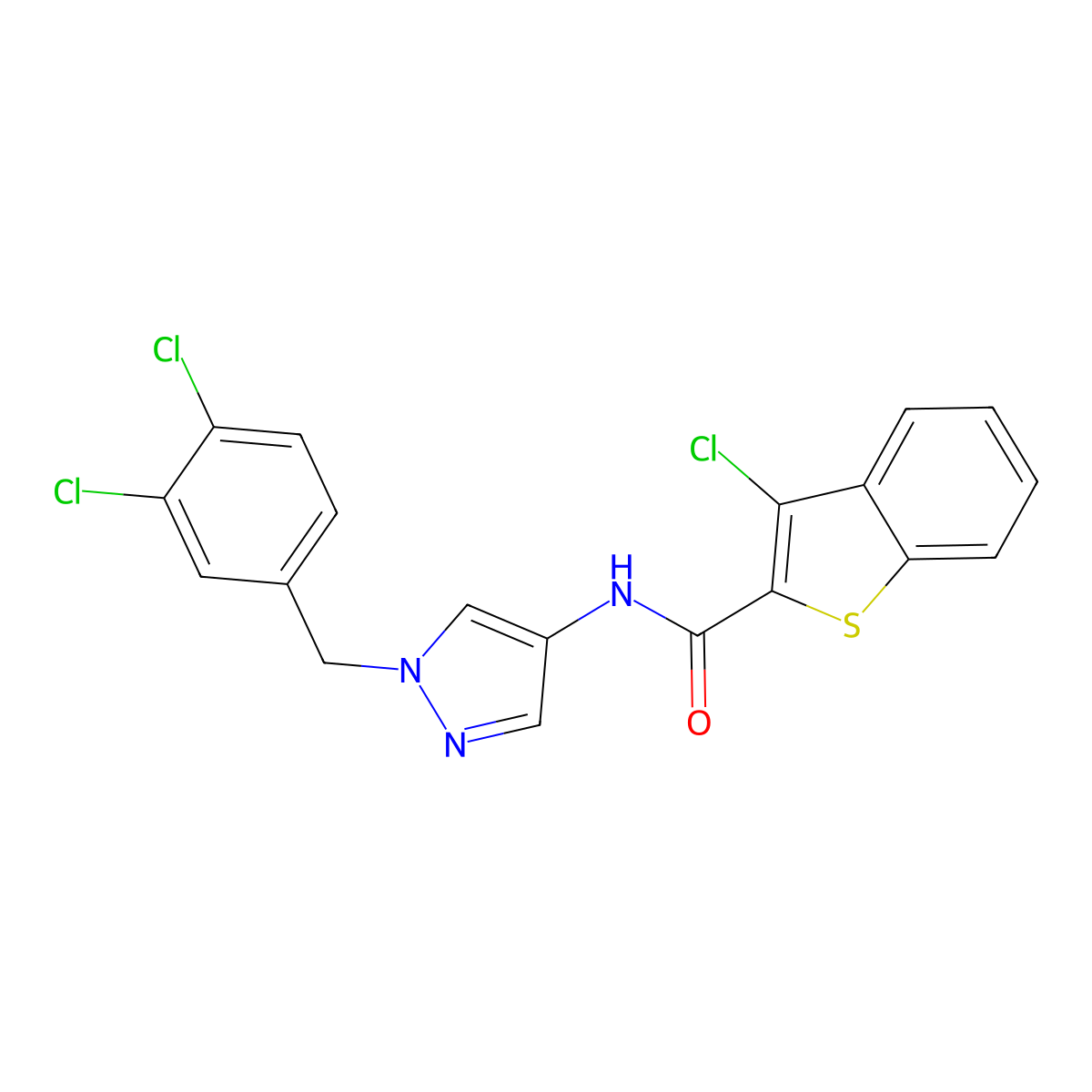 3-chloro-N-[1-(3,4-dichlorobenzyl)-1H-pyrazol-4-yl]-1-benzothiophene-2-carboxamide molecular structure, CAS 492427-28-8