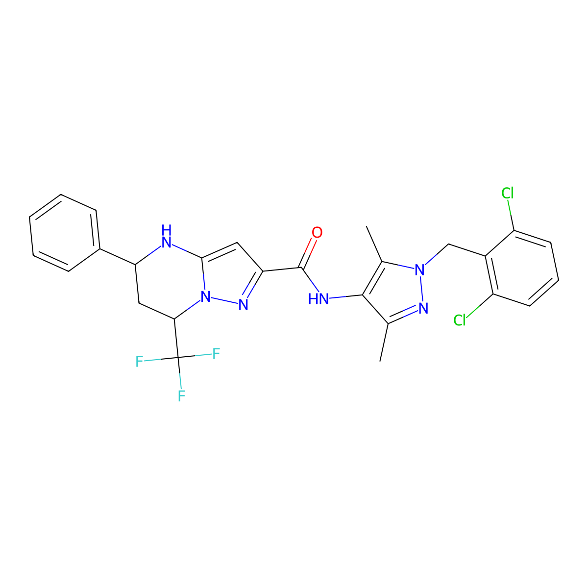 N-[1-(2,6-dichlorobenzyl)-3,5-dimethyl-1H-pyrazol-4-yl]-5-phenyl-7-(trifluoromethyl)-4,5,6,7-tetrahydropyrazolo[1,5-a]pyrimidine-2-carboxamide molecular structure, CAS 492427-31-3