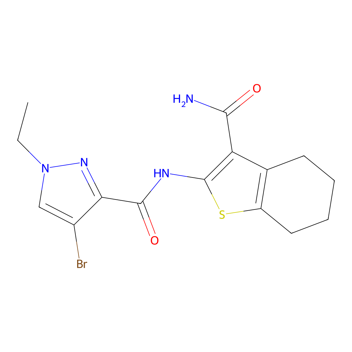 4-bromo-N-(3-carbamoyl-4,5,6,7-tetrahydro-1-benzothiophen-2-yl)-1-ethylpyrazole-3-carboxamide molecular structure, CAS 492427-32-4