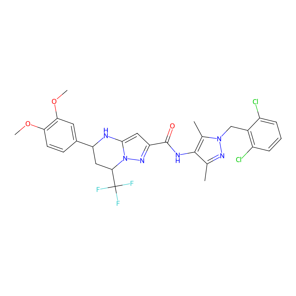 N-[1-(2,6-dichlorobenzyl)-3,5-dimethyl-1H-pyrazol-4-yl]-5-(3,4-dimethoxyphenyl)-7-(trifluoromethyl)-4,5,6,7-tetrahydropyrazolo[1,5-a]pyrimidine-2-carboxamide molecular structure, CAS 492427-41-5
