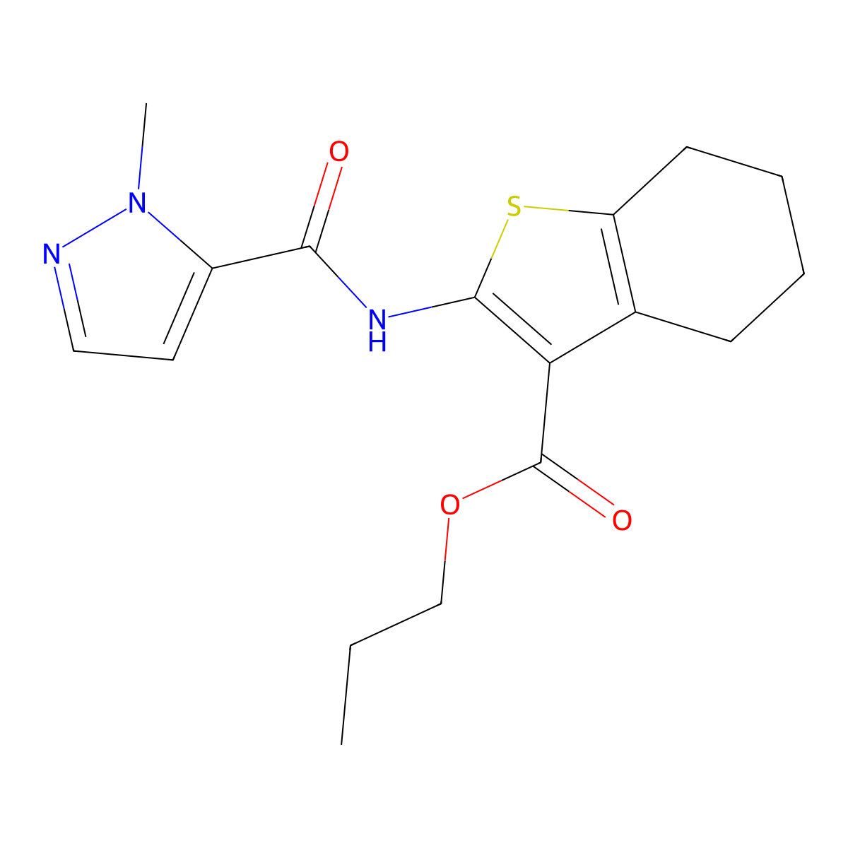 propyl 2-{[(1-methyl-1H-pyrazol-5-yl)carbonyl]amino}-4,5,6,7-tetrahydro-1-benzothiophene-3-carboxylate molecular structure, CAS 492427-64-2