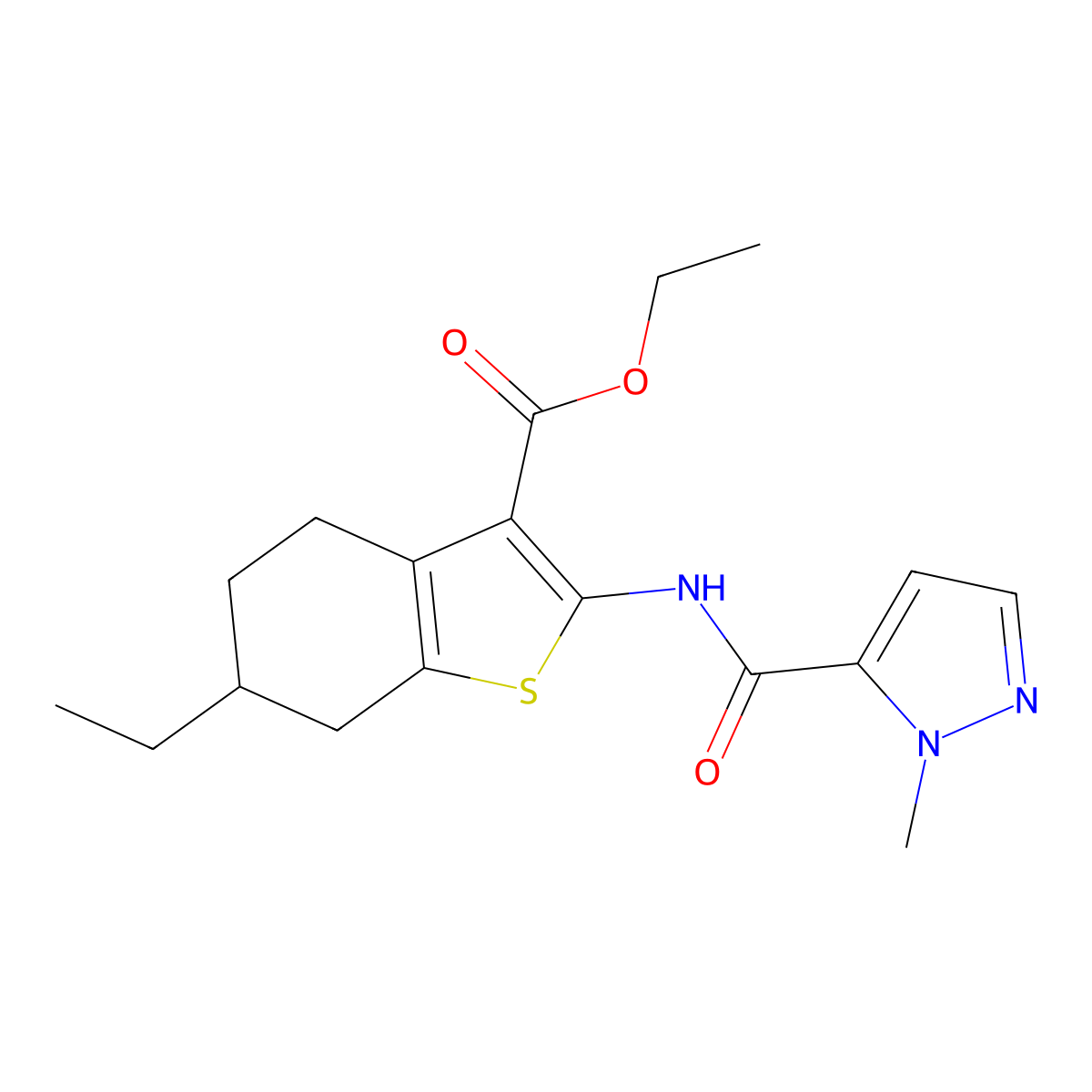 ethyl 6-ethyl-2-{[(1-methyl-1H-pyrazol-5-yl)carbonyl]amino}-4,5,6,7-tetrahydro-1-benzothiophene-3-carboxylate molecular structure, CAS 492427-65-3