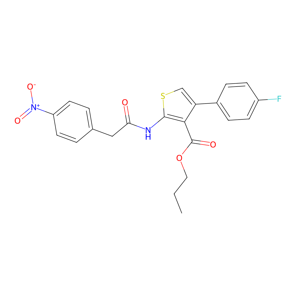 Propyl 4-(4-fluorophenyl)-2-[[2-(4-nitrophenyl)acetyl]amino]thiophene-3-carboxylate molecular structure, CAS 492428-55-4