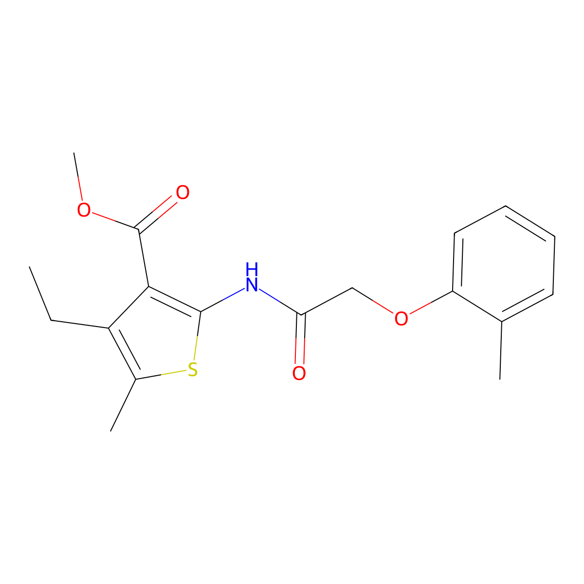 Methyl 4-ethyl-5-methyl-2-[[2-(2-methylphenoxy)acetyl]amino]thiophene-3-carboxylate molecular structure, CAS 492428-57-6