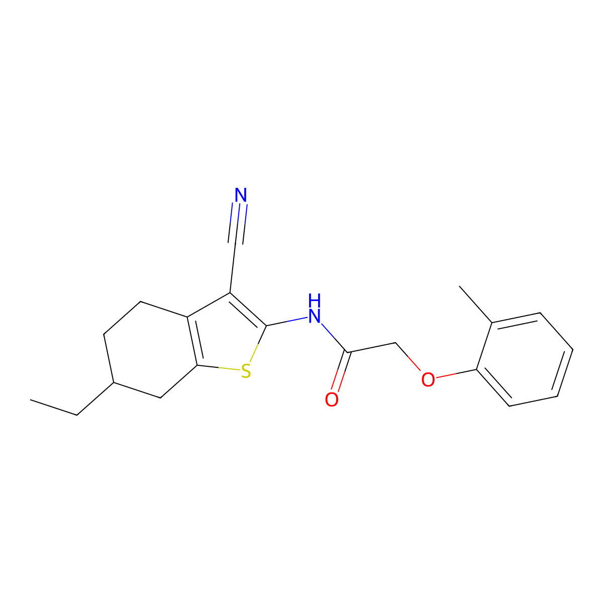 N-(3-cyano-6-ethyl-4,5,6,7-tetrahydro-1-benzothiophen-2-yl)-2-(2-methylphenoxy)acetamide molecular structure, CAS 492428-83-8