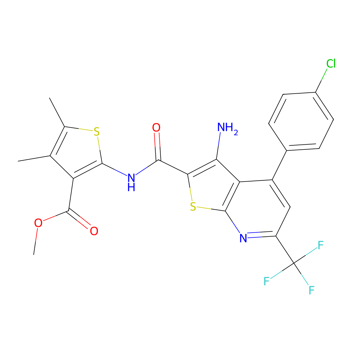 Methyl 2-({[3-amino-4-(4-chlorophenyl)-6-(trifluoromethyl)thieno[2,3-b]pyridin-2-yl]carbonyl}amino)-4,5-dimethylthiophene-3-carboxylate molecular structure, CAS 492428-94-1