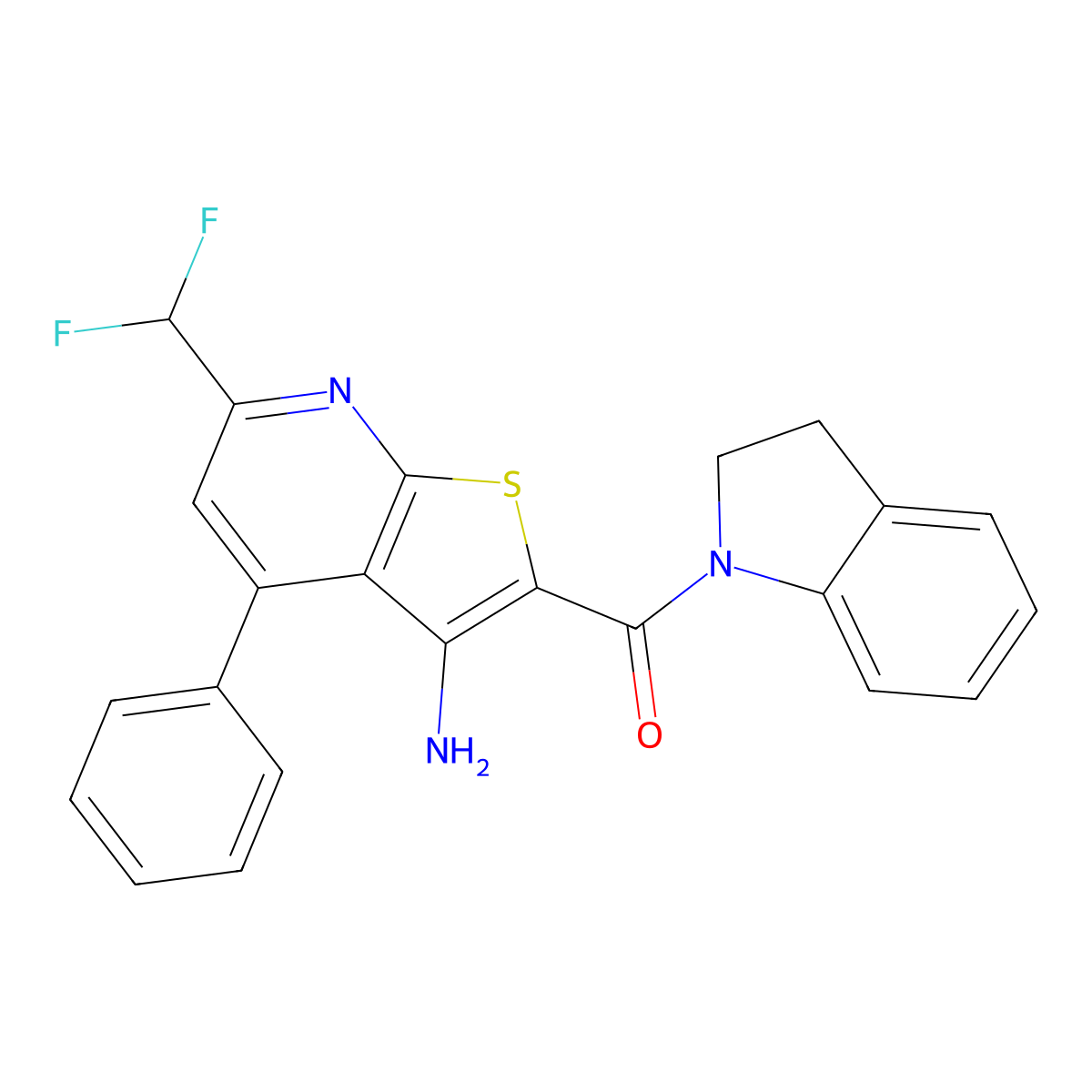 [3-Amino-6-(difluoromethyl)-4-phenylthieno[2,3-b]pyridin-2-yl]-(2,3-dihydroindol-1-yl)methanone molecular structure, CAS 492429-41-1