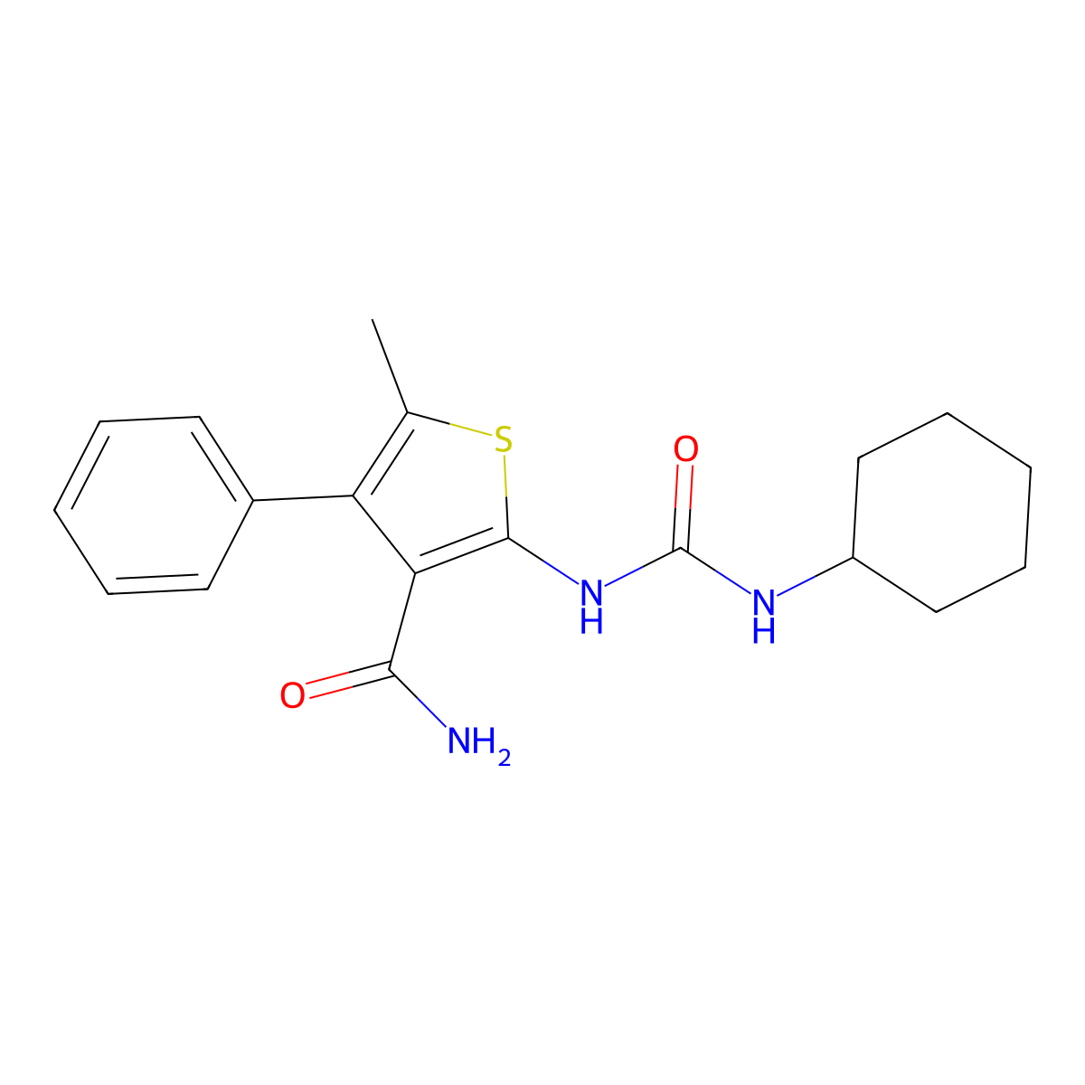 2-[(Cyclohexylcarbamoyl)amino]-5-methyl-4-phenylthiophene-3-carboxamide molecular structure, CAS 492432-28-7
