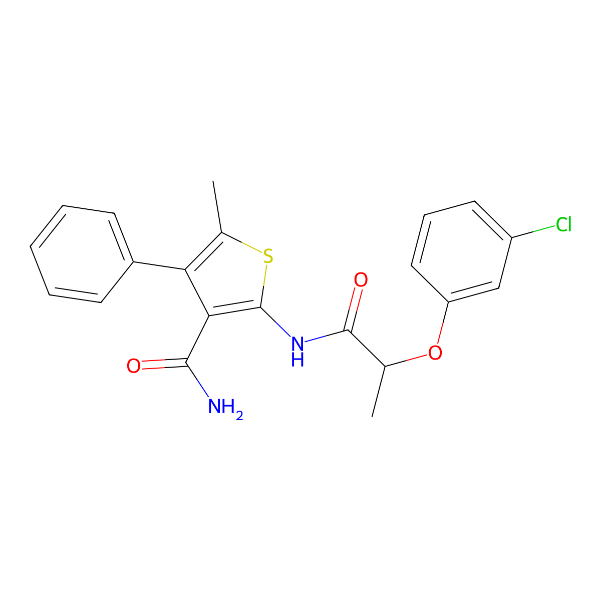 2-[2-(3-Chlorophenoxy)propanoylamino]-5-methyl-4-phenylthiophene-3-carboxamide molecular structure, CAS 492432-29-8