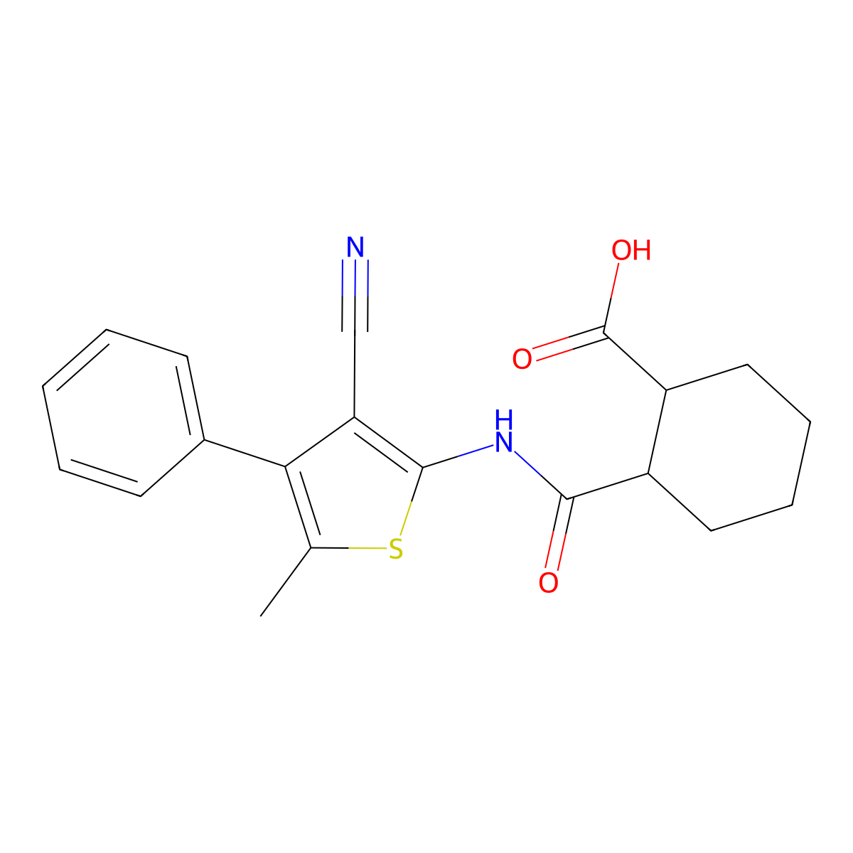 Cyclohexanecarboxylic acid, 2-[[(3-cyano-5-methyl-4-phenyl-2-thienyl)amino]carbonyl]- molecular structure, CAS 492432-98-1
