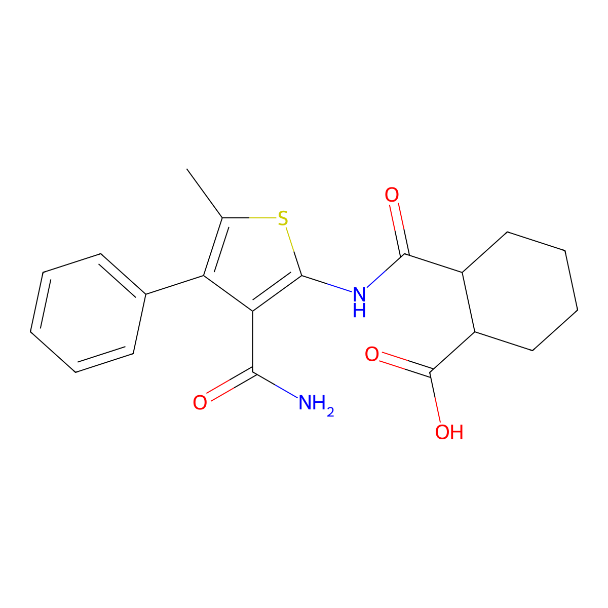 2-({[3-(Aminocarbonyl)-5-methyl-4-phenyl-2-thienyl]amino}carbonyl)cyclohexanecarboxylic acid molecular structure, CAS 492433-73-5