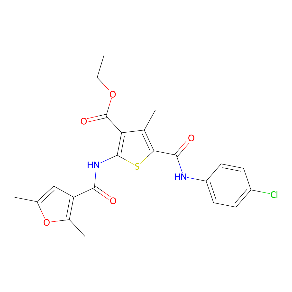 Ethyl 5-{[(4-chlorophenyl)amino]carbonyl}-2-[(2,5-dimethyl-3-furoyl)amino]-4-methyl-3-thiophenecarboxylate molecular structure, CAS 492434-11-4