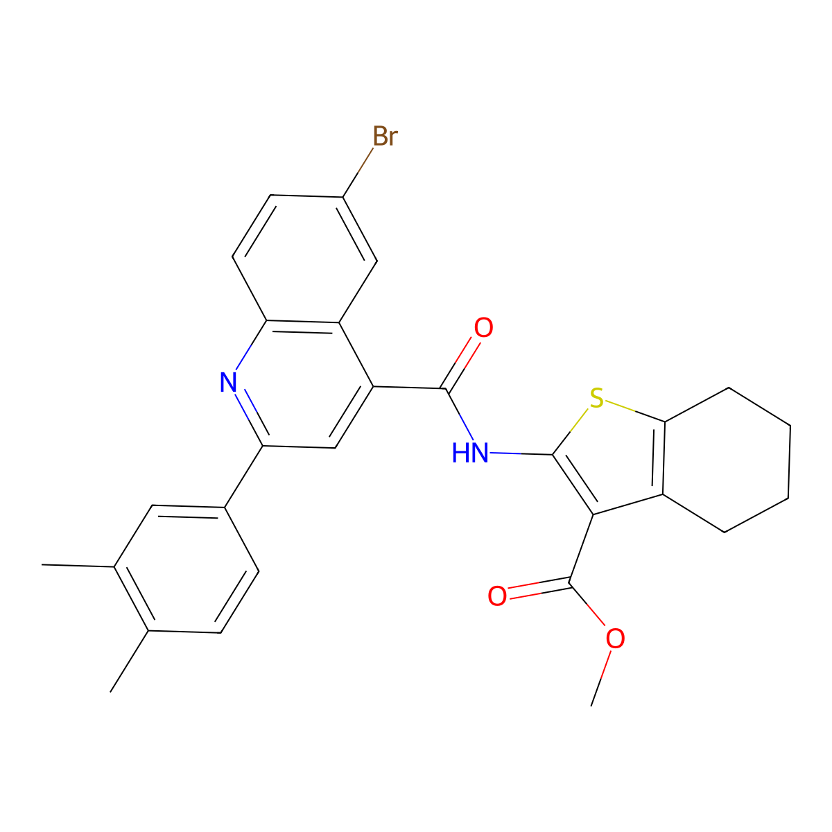 Methyl 2-({[6-bromo-2-(3,4-dimethylphenyl)quinolin-4-yl]carbonyl}amino)-4,5,6,7-tetrahydro-1-benzothiophene-3-carboxylate molecular structure, CAS 492434-29-4
