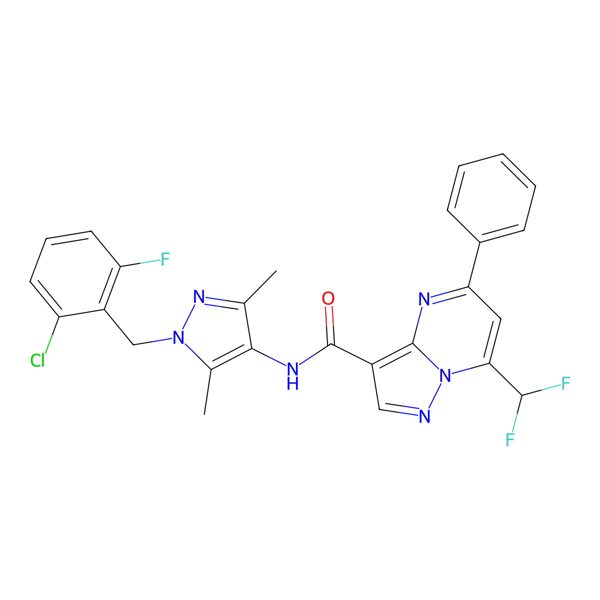 N-[1-(2-chloro-6-fluorobenzyl)-3,5-dimethyl-1H-pyrazol-4-yl]-7-(difluoromethyl)-5-phenylpyrazolo[1,5-a]pyrimidine-3-carboxamide molecular structure, CAS 492456-20-9