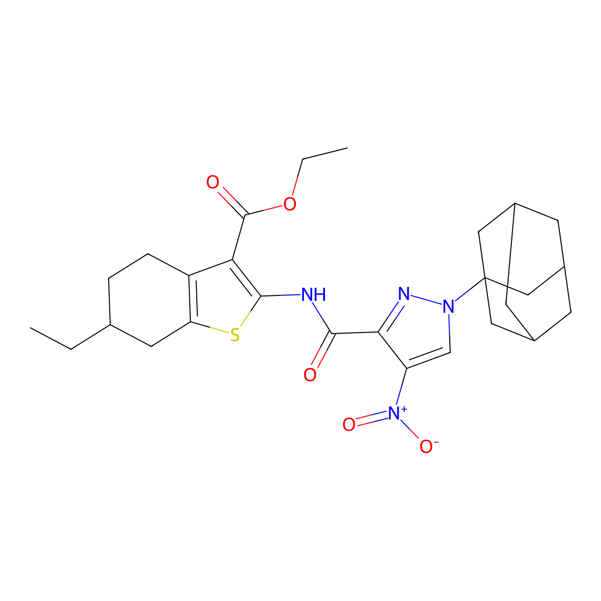 Ethyl 2-[[1-(1-adamantyl)-4-nitropyrazole-3-carbonyl]amino]-6-ethyl-4,5,6,7-tetrahydro-1-benzothiophene-3-carboxylate molecular structure, CAS 492456-26-5