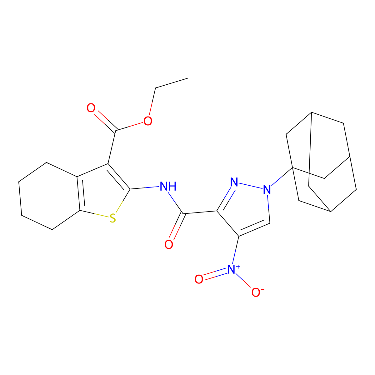 Ethyl 2-[[1-(1-adamantyl)-4-nitropyrazole-3-carbonyl]amino]-4,5,6,7-tetrahydro-1-benzothiophene-3-carboxylate molecular structure, CAS 492456-33-4