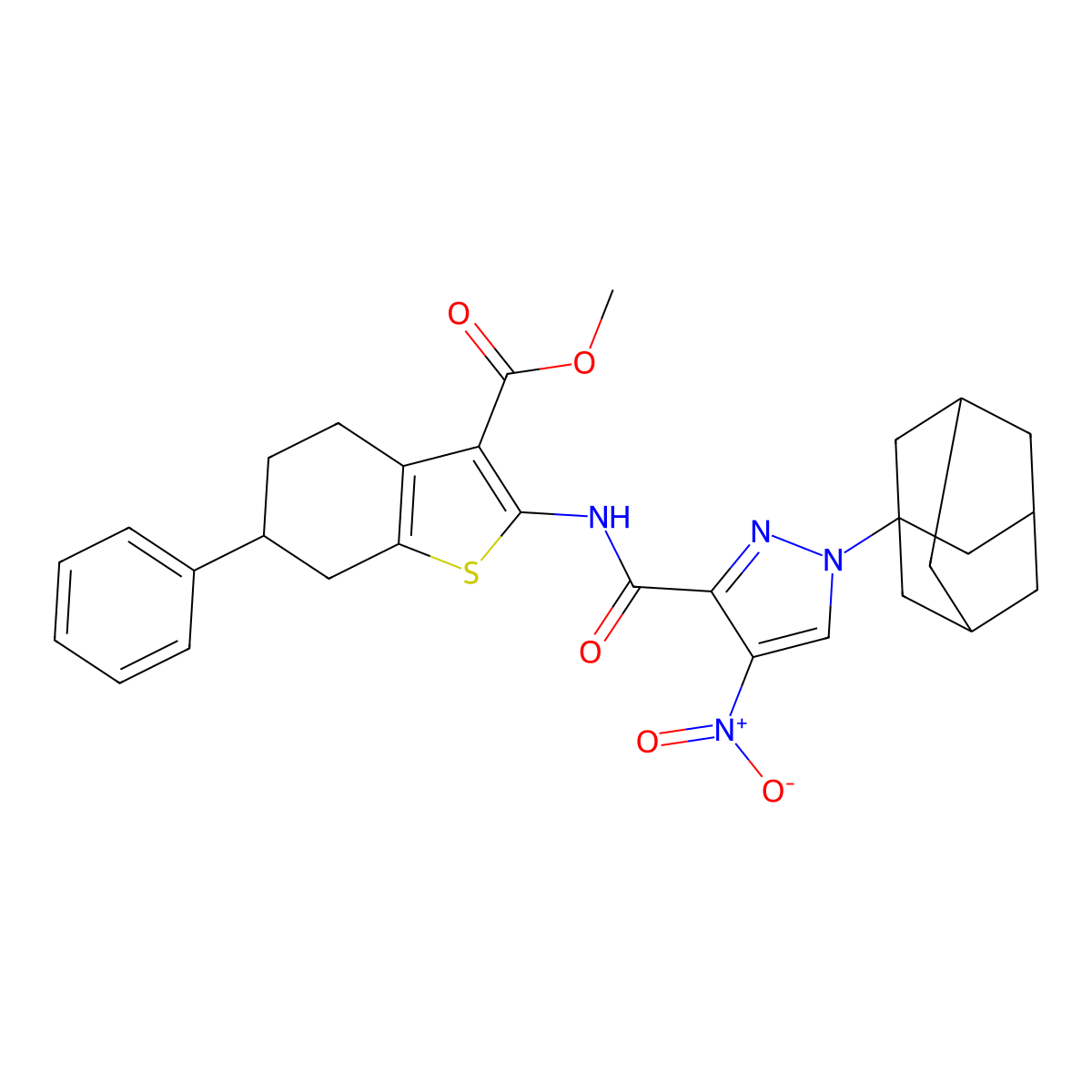 Methyl 2-[[1-(1-adamantyl)-4-nitropyrazole-3-carbonyl]amino]-6-phenyl-4,5,6,7-tetrahydro-1-benzothiophene-3-carboxylate molecular structure, CAS 492456-36-7