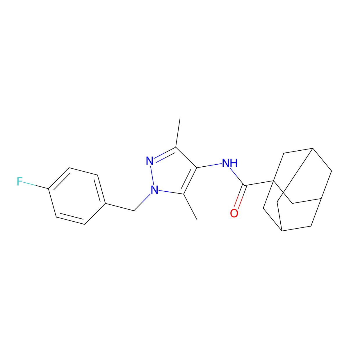 N-[1-[(4-fluorophenyl)methyl]-3,5-dimethylpyrazol-4-yl]adamantane-1-carboxamide molecular structure, CAS 492456-44-7