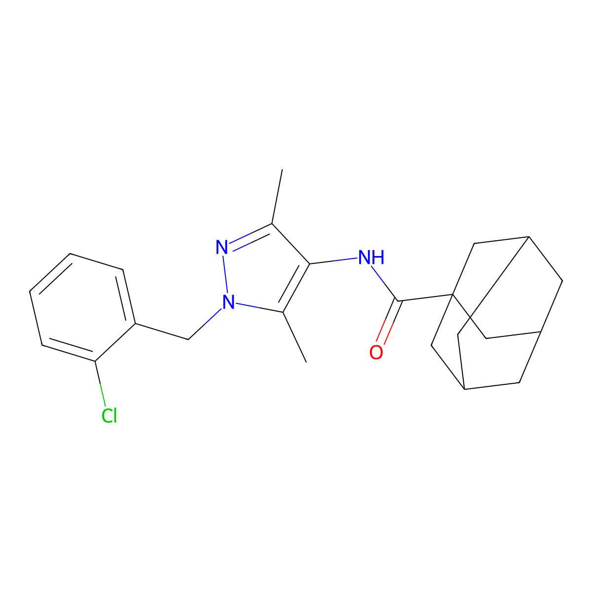 N-[1-[(2-chlorophenyl)methyl]-3,5-dimethylpyrazol-4-yl]adamantane-1-carboxamide molecular structure, CAS 492456-79-8