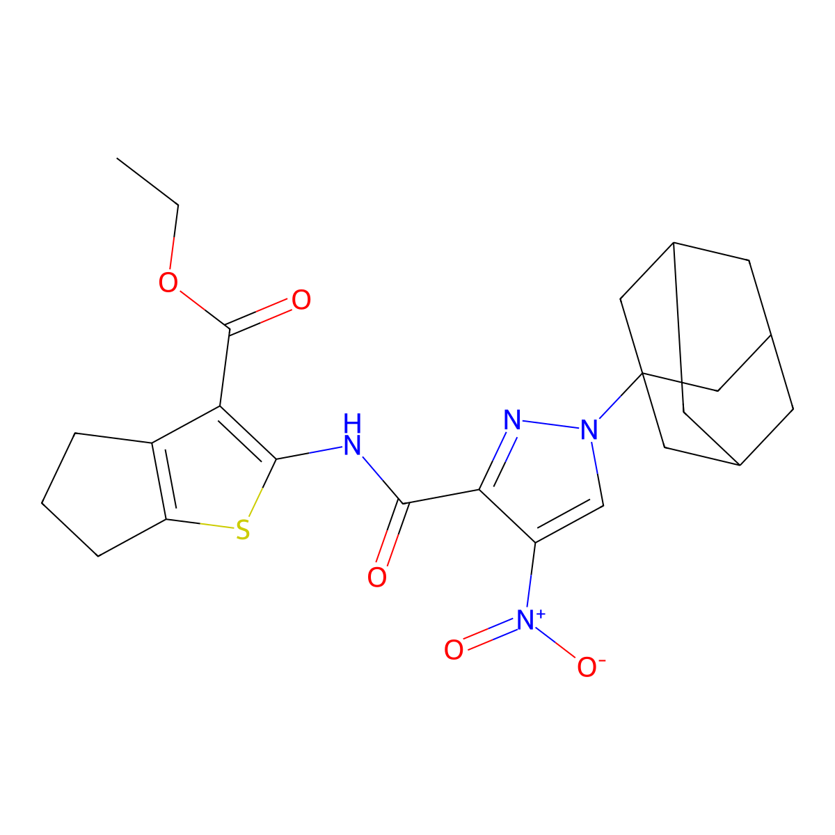 ethyl 2-[[1-(1-adamantyl)-4-nitropyrazole-3-carbonyl]amino]-5,6-dihydro-4H-cyclopenta[b]thiophene-3-carboxylate molecular structure, CAS 492456-97-0