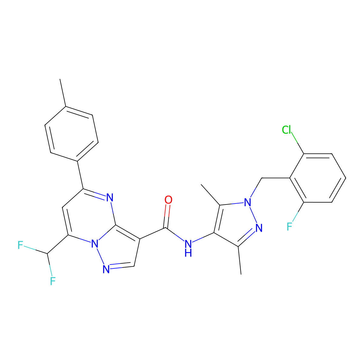 N-[1-(2-chloro-6-fluorobenzyl)-3,5-dimethyl-1H-pyrazol-4-yl]-7-(difluoromethyl)-5-(4-methylphenyl)pyrazolo[1,5-a]pyrimidine-3-carboxamide molecular structure, CAS 492457-02-0