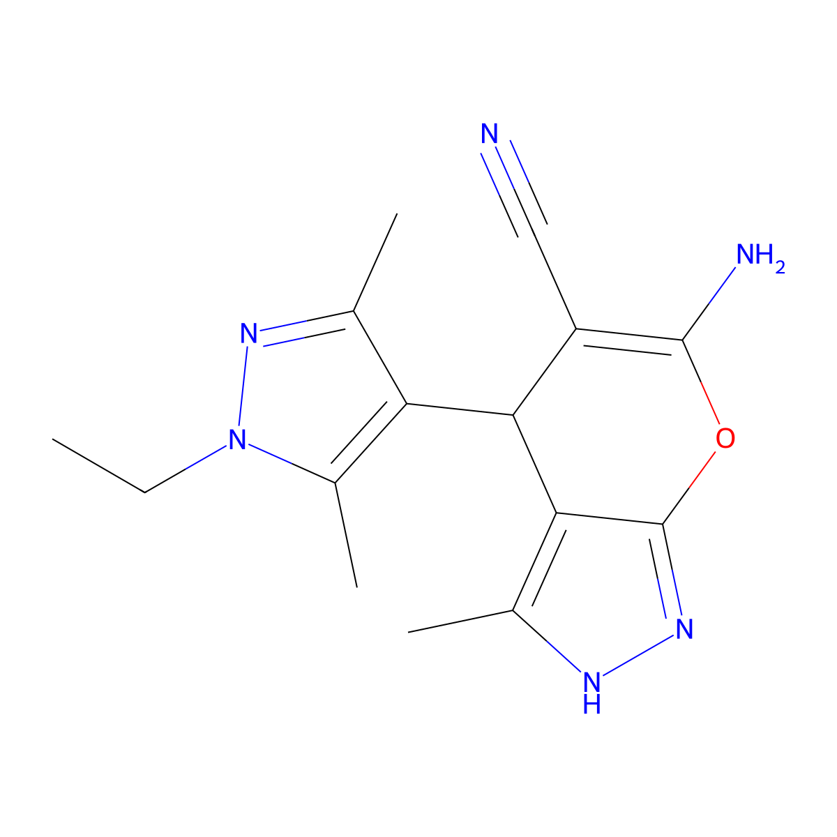 6-amino-4-(1-ethyl-3,5-dimethyl-1H-pyrazol-4-yl)-3-methyl-1,4-dihydropyrano[2,3-c]pyrazole-5-carbonitrile molecular structure, CAS 492457-03-1