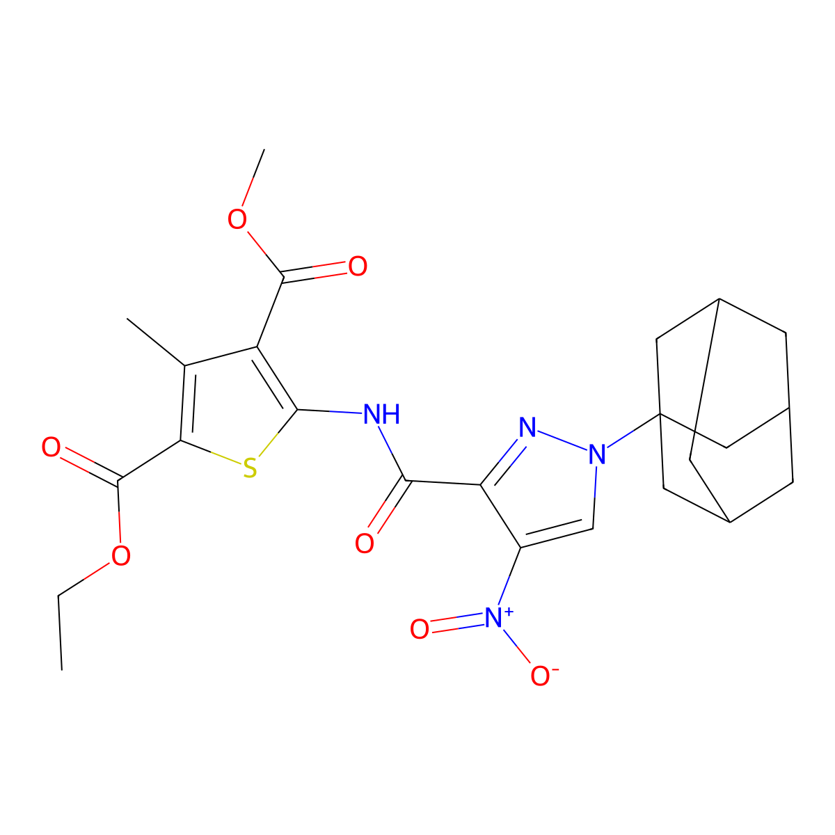 2-O-ethyl 4-O-methyl 5-[[1-(1-adamantyl)-4-nitropyrazole-3-carbonyl]amino]-3-methylthiophene-2,4-dicarboxylate molecular structure, CAS 492457-06-4
