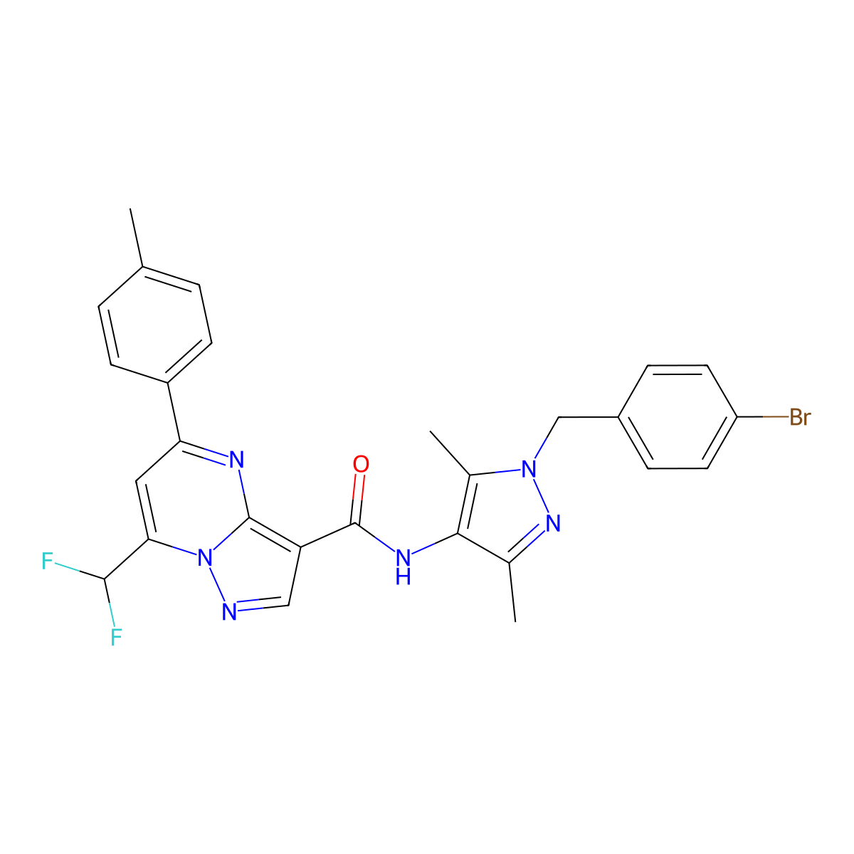 N-[1-(4-bromobenzyl)-3,5-dimethyl-1H-pyrazol-4-yl]-7-(difluoromethyl)-5-(4-methylphenyl)pyrazolo[1,5-a]pyrimidine-3-carboxamide molecular structure, CAS 492457-30-4