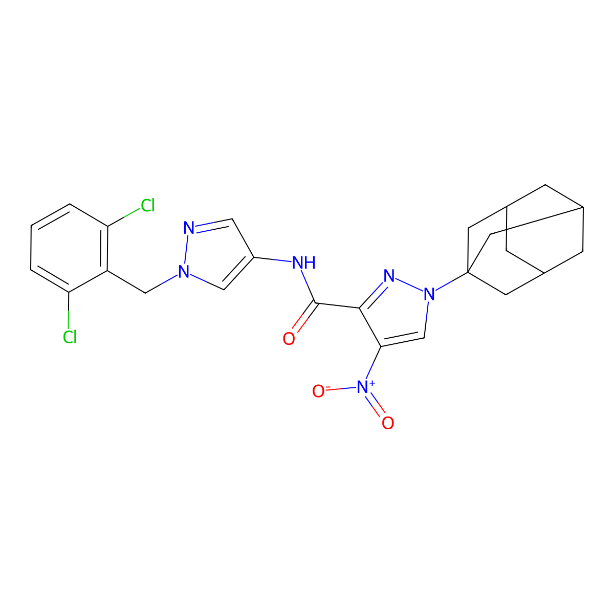 1-(1-adamantyl)-N-[1-[(2,6-dichlorophenyl)methyl]pyrazol-4-yl]-4-nitropyrazole-3-carboxamide molecular structure, CAS 492457-31-5