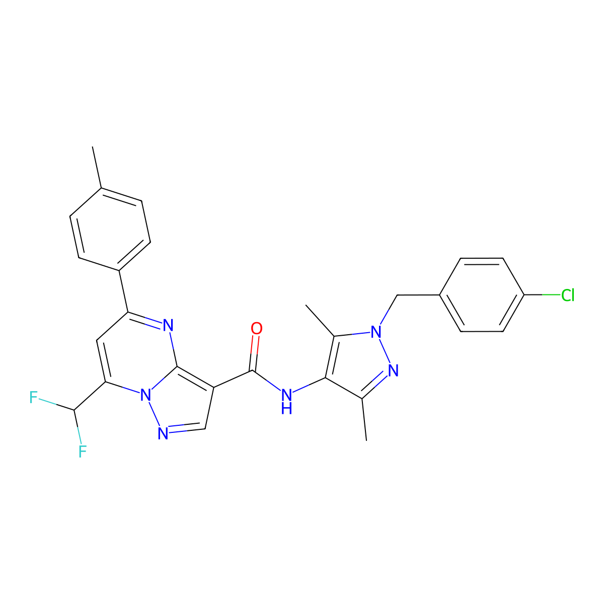 N-[1-(4-chlorobenzyl)-3,5-dimethyl-1H-pyrazol-4-yl]-7-(difluoromethyl)-5-(4-methylphenyl)pyrazolo[1,5-a]pyrimidine-3-carboxamide molecular structure, CAS 492457-36-0
