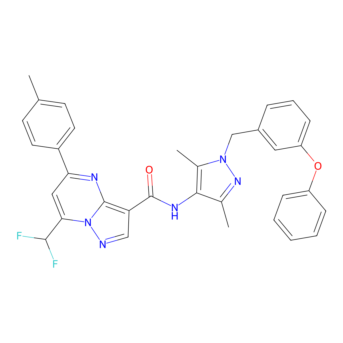 7-(difluoromethyl)-N-[3,5-dimethyl-1-(3-phenoxybenzyl)-1H-pyrazol-4-yl]-5-(4-methylphenyl)pyrazolo[1,5-a]pyrimidine-3-carboxamide molecular structure, CAS 492457-37-1