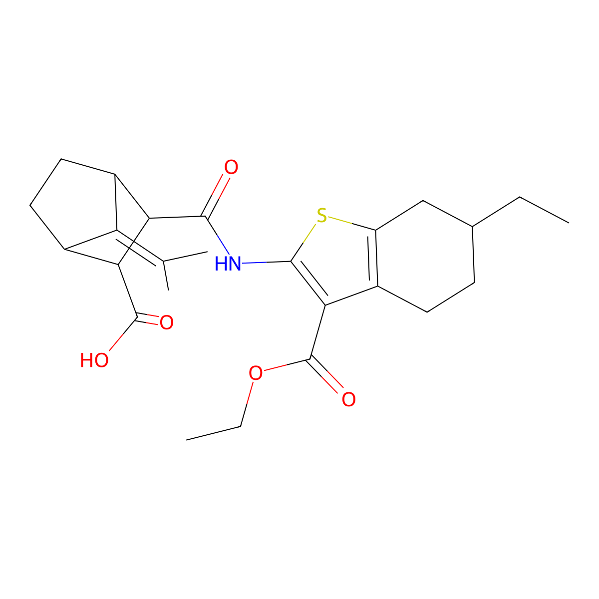 3-{[3-(Ethoxycarbonyl)-6-ethyl-4,5,6,7-tetrahydro-1-benzothiophen-2-yl]carbamoyl}-7-(propan-2-ylidene)bicyclo[2.2.1]heptane-2-carboxylic acid molecular structure, CAS 492457-38-2