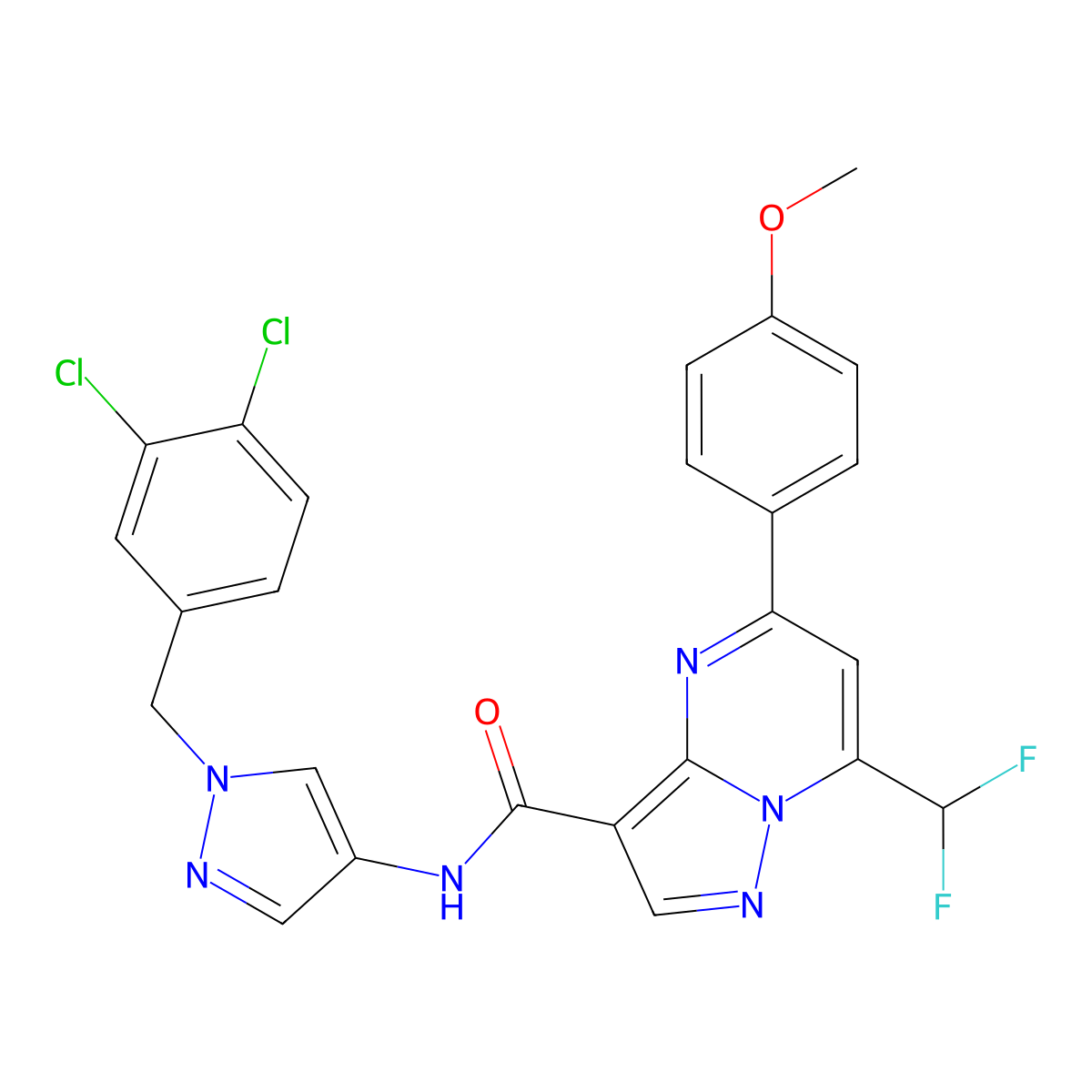 N-[1-(3,4-dichlorobenzyl)-1H-pyrazol-4-yl]-7-(difluoromethyl)-5-(4-methoxyphenyl)pyrazolo[1,5-a]pyrimidine-3-carboxamide molecular structure, CAS 492457-40-6