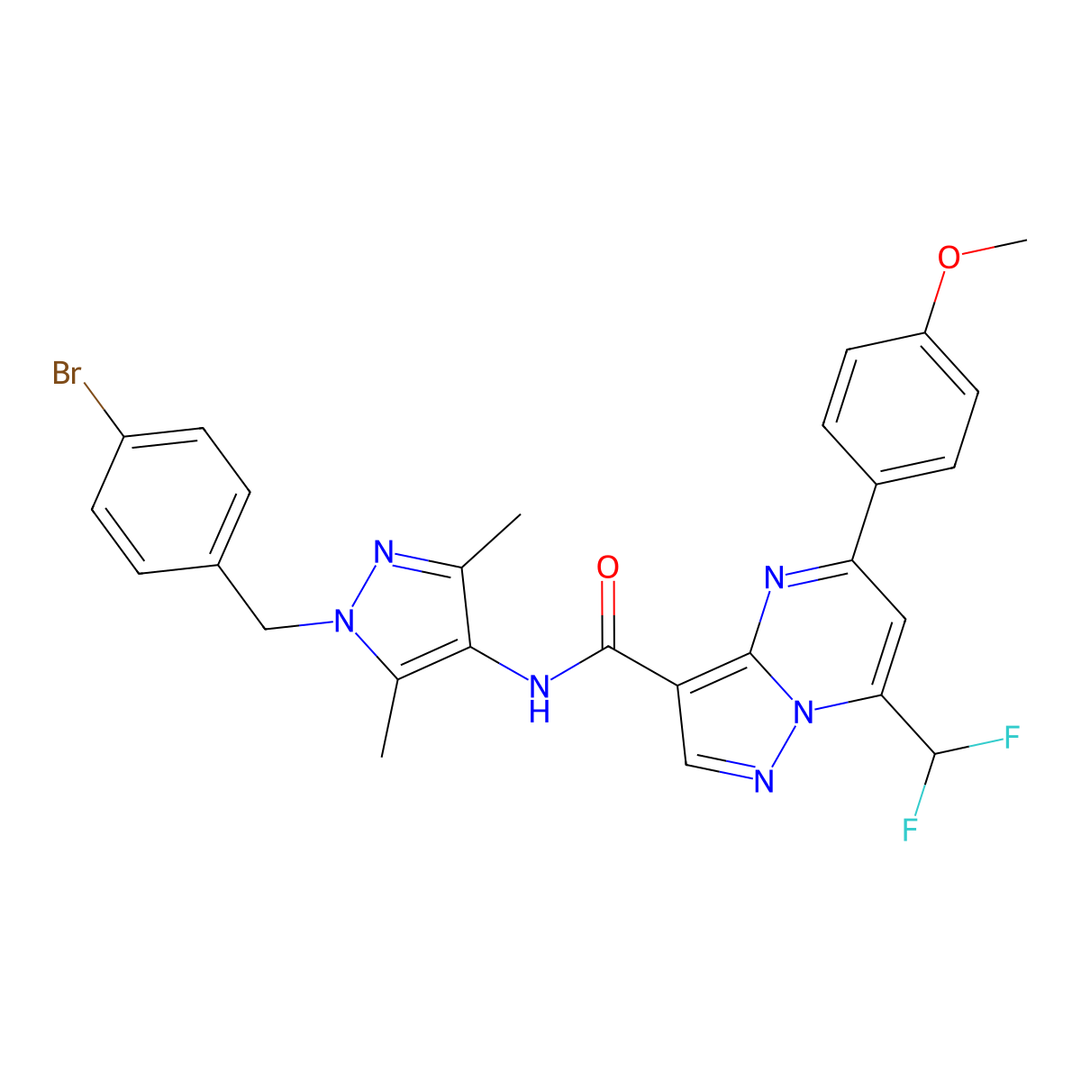 N-[1-(4-bromobenzyl)-3,5-dimethyl-1H-pyrazol-4-yl]-7-(difluoromethyl)-5-(4-methoxyphenyl)pyrazolo[1,5-a]pyrimidine-3-carboxamide molecular structure, CAS 492457-42-8