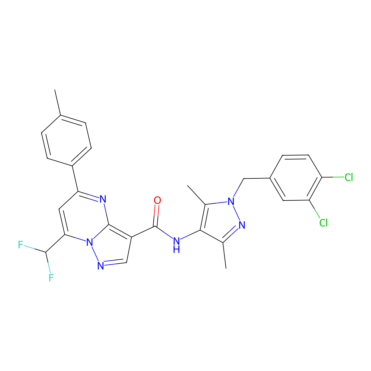 N-[1-[(3,4-dichlorophenyl)methyl]-3,5-dimethylpyrazol-4-yl]-7-(difluoromethyl)-5-(4-methylphenyl)pyrazolo[1,5-a]pyrimidine-3-carboxamide molecular structure, CAS 492457-45-1